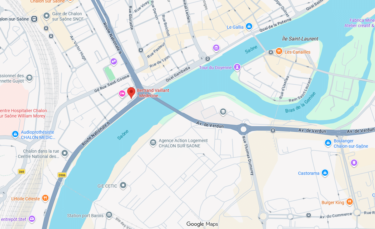Plan d'accès au cabinet de Bertrand Vaillant, 4 Quai Saint-Cosme à Chalon-sur-Saône